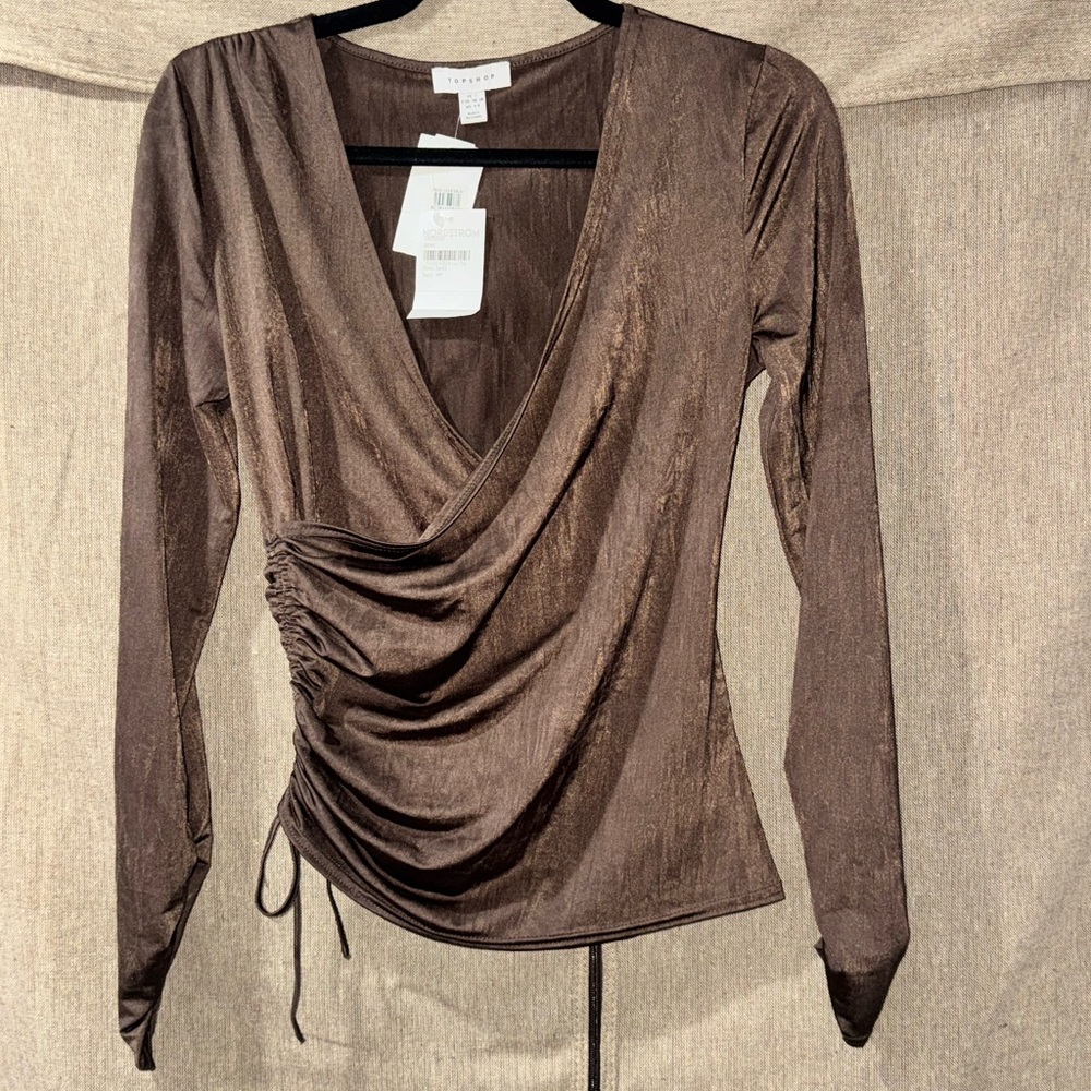 Top Shop Chocolate Brown Ruched V-Neck Long-Sleeve Blouse size M